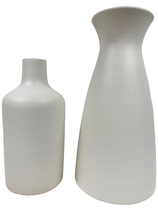 Set Of Two West Elm Matte White Ceramic Minimalist Vases 9.5' and 12'H (HA)