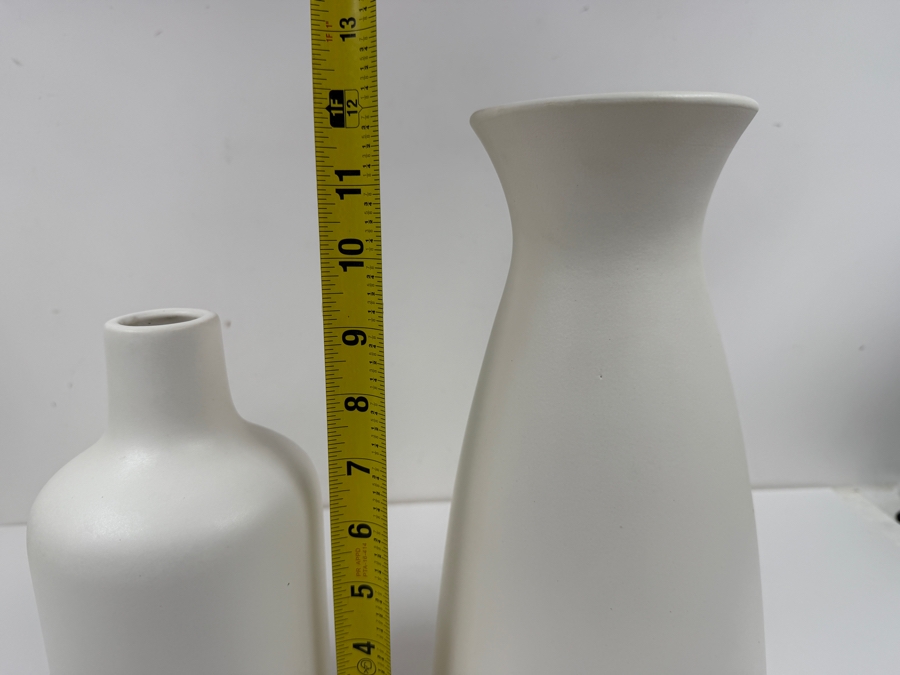 Set Of Two West Elm Matte White Ceramic Minimalist Vases 9.5' and 12'H (HA) [Photo 6]