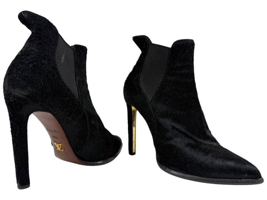 Louis Vuitton Black Fur Ankle Boots With Gold Heel Size 38 1/2 Made In Italy (HA)