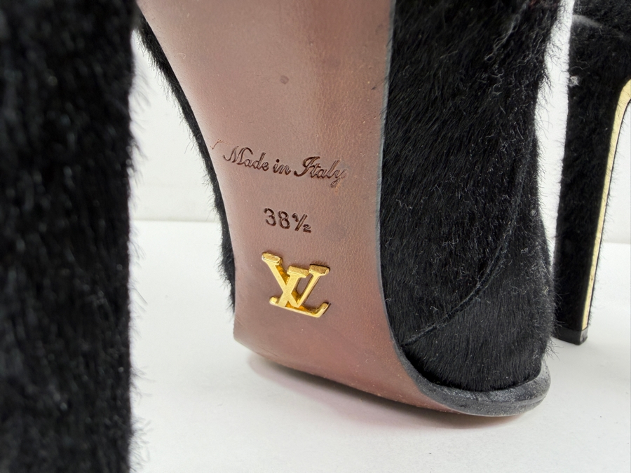 Louis Vuitton Black Fur Ankle Boots With Gold Heel Size 38 1/2 Made In Italy (HA) [Photo 3]