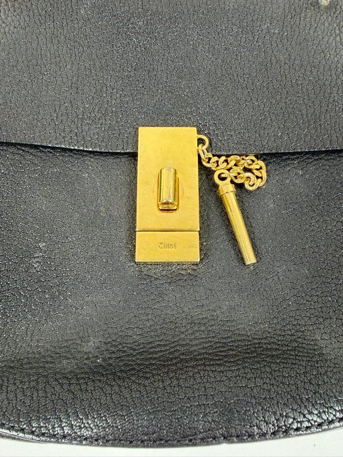 Chloe Authentic Black Pebbled Leather Shoulder Crossbody Bag With Gold Tone Chain Strap Turn Lock And Pin Closure Made In Italy 9'W X 8'H (HA) [Photo 2]