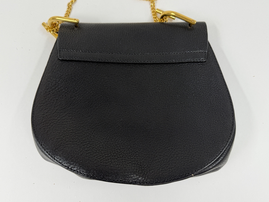 Chloe Authentic Black Pebbled Leather Shoulder Crossbody Bag With Gold Tone Chain Strap Turn Lock And Pin Closure Made In Italy 9'W X 8'H (HA) [Photo 4]