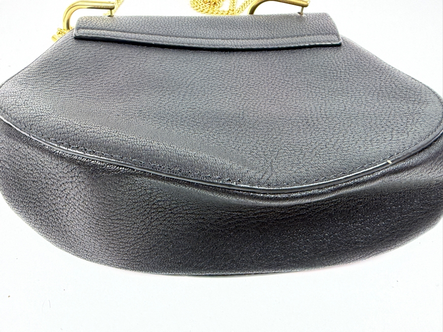 Chloe Authentic Black Pebbled Leather Shoulder Crossbody Bag With Gold Tone Chain Strap Turn Lock And Pin Closure Made In Italy 9'W X 8'H (HA) [Photo 5]
