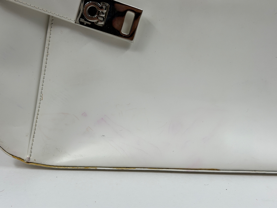 Salvatore Ferragamo White Leather Gancini Buckle Hobo Shoulder Bag 12'W X 11'H (HA) [Photo 3]