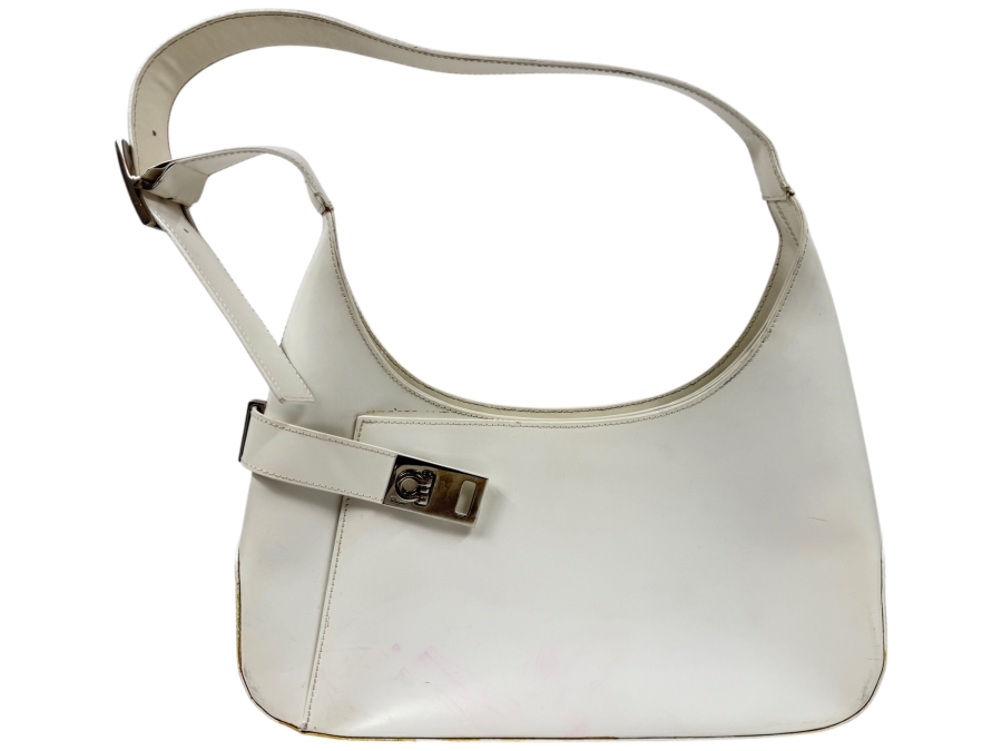 Salvatore Ferragamo White Leather Gancini Buckle Hobo Shoulder Bag 12'W X 11'H (HA)