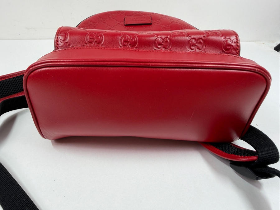 Authentic Gucci Red Signature Guccissima Leather GG Embossed Backpack Bag With Front Zip Pocket And Black Adjustable Straps Made In Italy 10.5'W x 11'H (HA) [Photo 8]