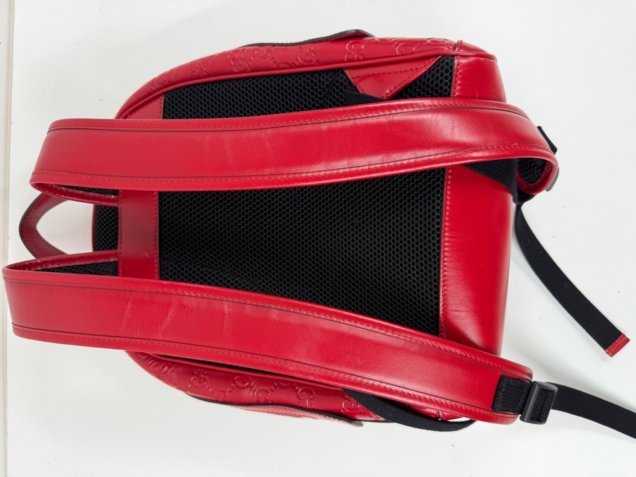 Authentic Gucci Red Signature Guccissima Leather GG Embossed Backpack Bag With Front Zip Pocket And Black Adjustable Straps Made In Italy 10.5'W x 11'H (HA) [Photo 4]