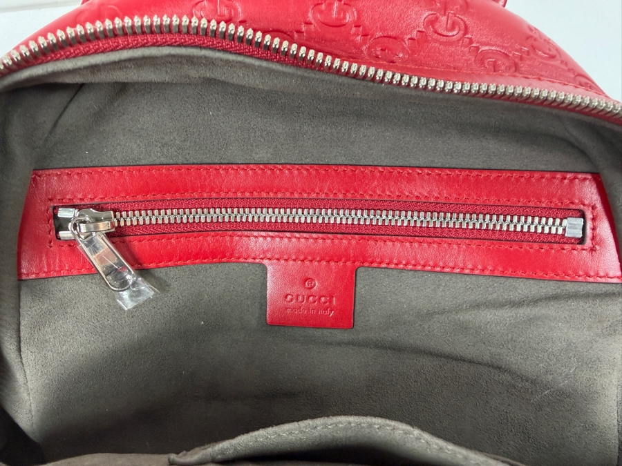 Authentic Gucci Red Signature Guccissima Leather GG Embossed Backpack Bag With Front Zip Pocket And Black Adjustable Straps Made In Italy 10.5'W x 11'H (HA) [Photo 5]