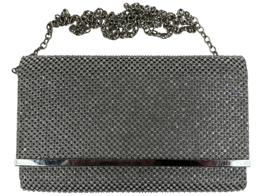 Nordstrom Women's Silver Rhinestone Crystal Evening Clutch Purse With Chain Strap And Metal Trim 9'W X 5'H (HA)
