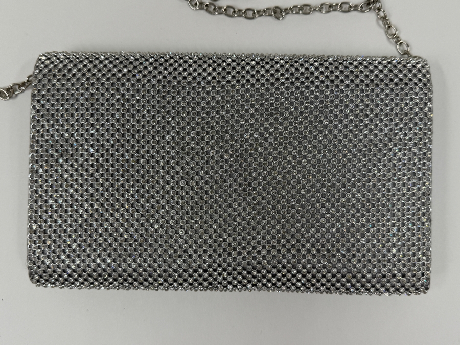 Nordstrom Women's Silver Rhinestone Crystal Evening Clutch Purse With Chain Strap And Metal Trim 9'W X 5'H (HA) [Photo 3]