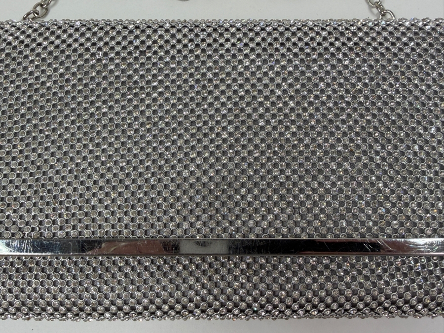 Nordstrom Women's Silver Rhinestone Crystal Evening Clutch Purse With Chain Strap And Metal Trim 9'W X 5'H (HA) [Photo 2]