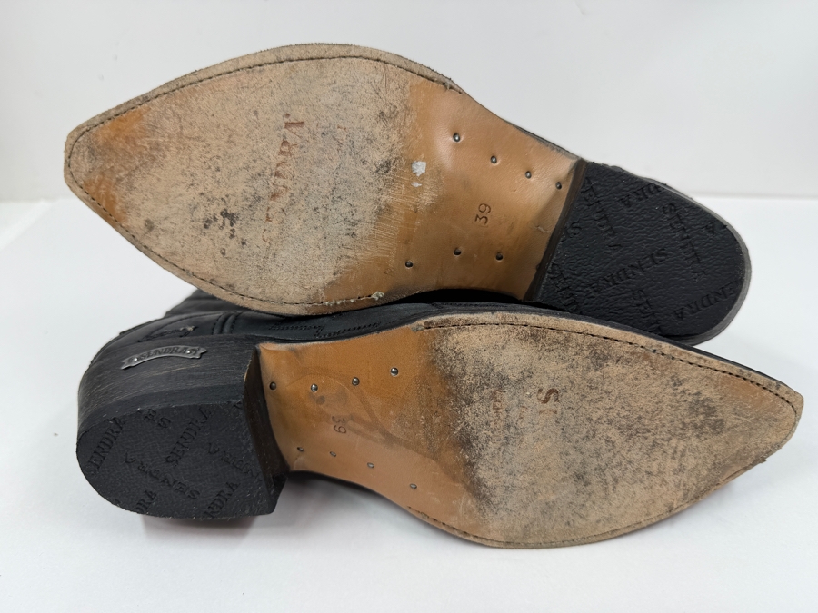 Sendra Handmade Black Leather Western Cowboy Boots With Pointed Toe Stitched Detail Metal Heel Tag Made In Spain Size 8 (HA) [Photo 6]