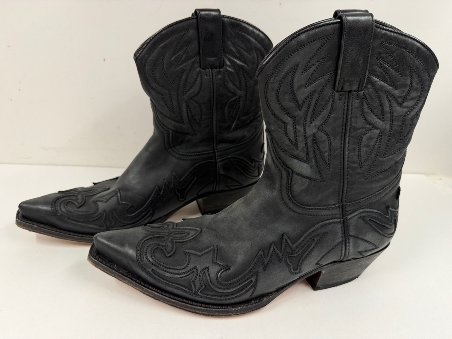 Sendra Handmade Black Leather Western Cowboy Boots With Pointed Toe Stitched Detail Metal Heel Tag Made In Spain Size 8 (HA) [Photo 2]