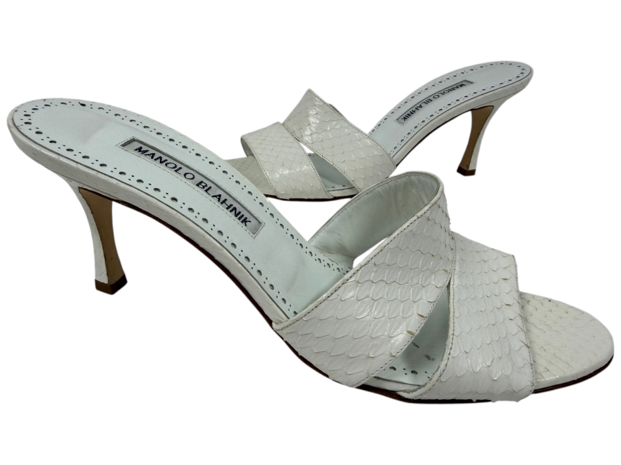Manolo Blahnik White Snakeskin Slide Heels Size 38 1/2 Hand Made In Italy Size 38.5 (HA)
