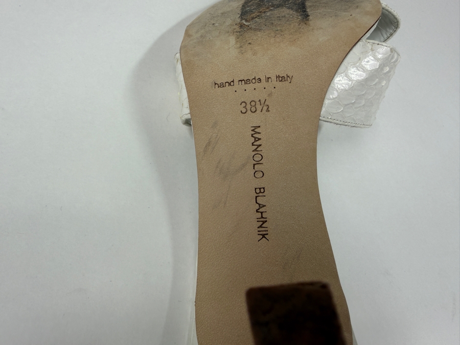 Manolo Blahnik White Snakeskin Slide Heels Size 38 1/2 Hand Made In Italy Size 38.5 (HA) [Photo 3]