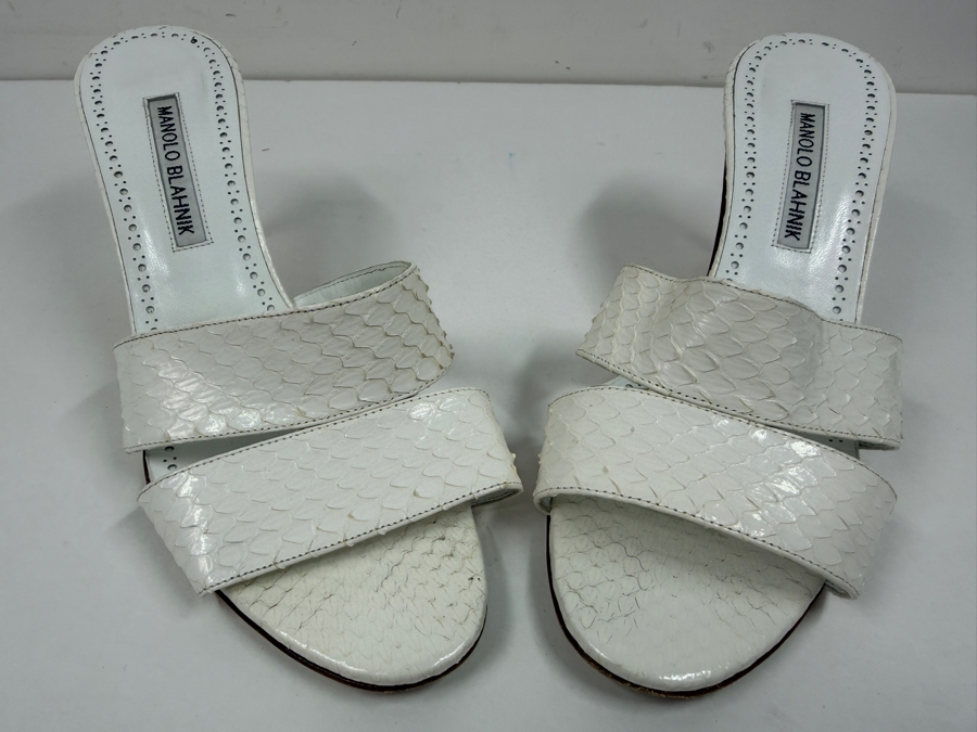 Manolo Blahnik White Snakeskin Slide Heels Size 38 1/2 Hand Made In Italy Size 38.5 (HA) [Photo 2]