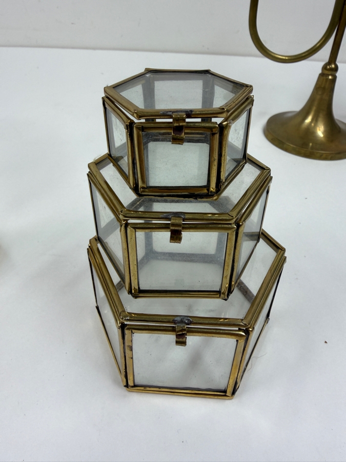 Various Brass Candlesticks From 6'H - 18'H And (3) Brass/Glass Boxes [Photo 6]