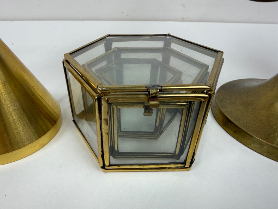 Various Brass Candlesticks From 6'H - 18'H And (3) Brass/Glass Boxes [Photo 3]