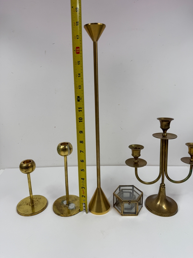 Various Brass Candlesticks From 6'H - 18'H And (3) Brass/Glass Boxes [Photo 4]