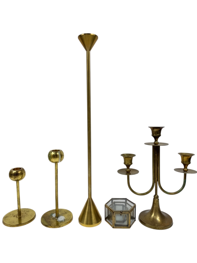 Various Brass Candlesticks From 6'H - 18'H And (3) Brass/Glass Boxes