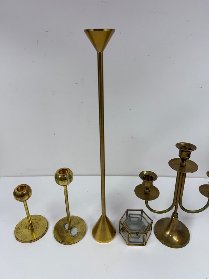 Various Brass Candlesticks From 6'H - 18'H And (3) Brass/Glass Boxes [Photo 2]