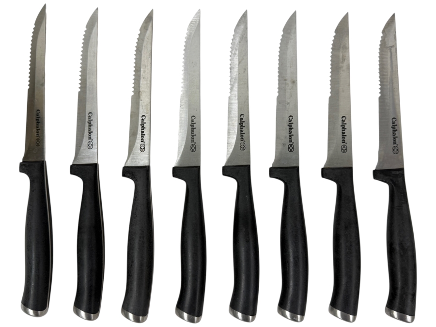 Set Of (8) Calphalon Steak Knives With Serrated Blades And Black Handles 9'L (HA)