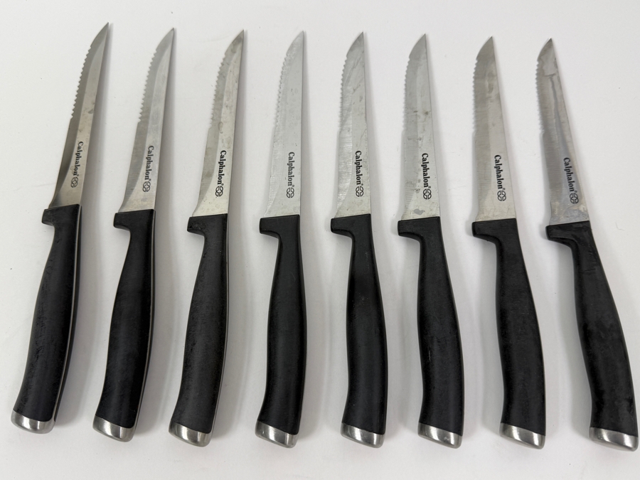Set Of (8) Calphalon Steak Knives With Serrated Blades And Black Handles 9'L (HA) [Photo 2]