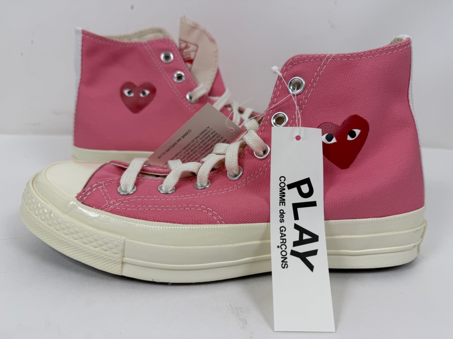 New Comme Des Garcons Play Converse Chuck Taylor All Star High Top Pink Heart Logo Sneakers Women's Size 8 (HA) [Photo 2]