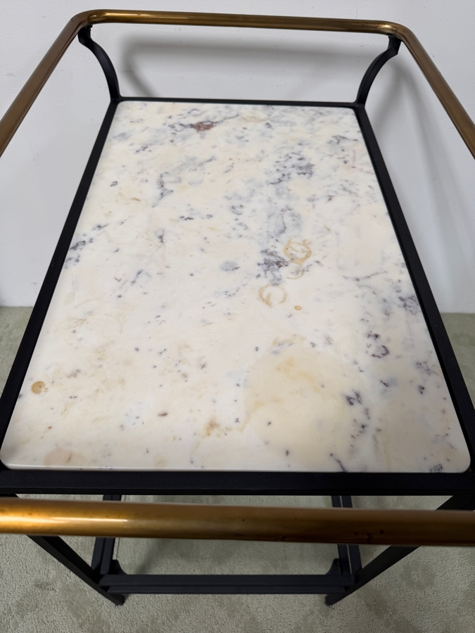 CB2 Cavalier Bar Cart With Interchangeable Banswara Marble And Glass Shelves, Brass Finished Stainless Rail And Black Finished Stainless Frame 22'W X 32'D x 32'H Retails $650 (HA) [Photo 5]