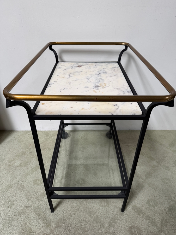 CB2 Cavalier Bar Cart With Interchangeable Banswara Marble And Glass Shelves, Brass Finished Stainless Rail And Black Finished Stainless Frame 22'W X 32'D x 32'H Retails $650 (HA) [Photo 4]
