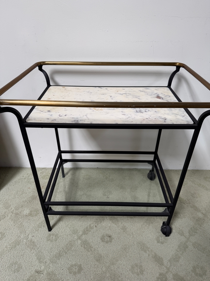 CB2 Cavalier Bar Cart With Interchangeable Banswara Marble And Glass Shelves, Brass Finished Stainless Rail And Black Finished Stainless Frame 22'W X 32'D x 32'H Retails $650 (HA) [Photo 3]