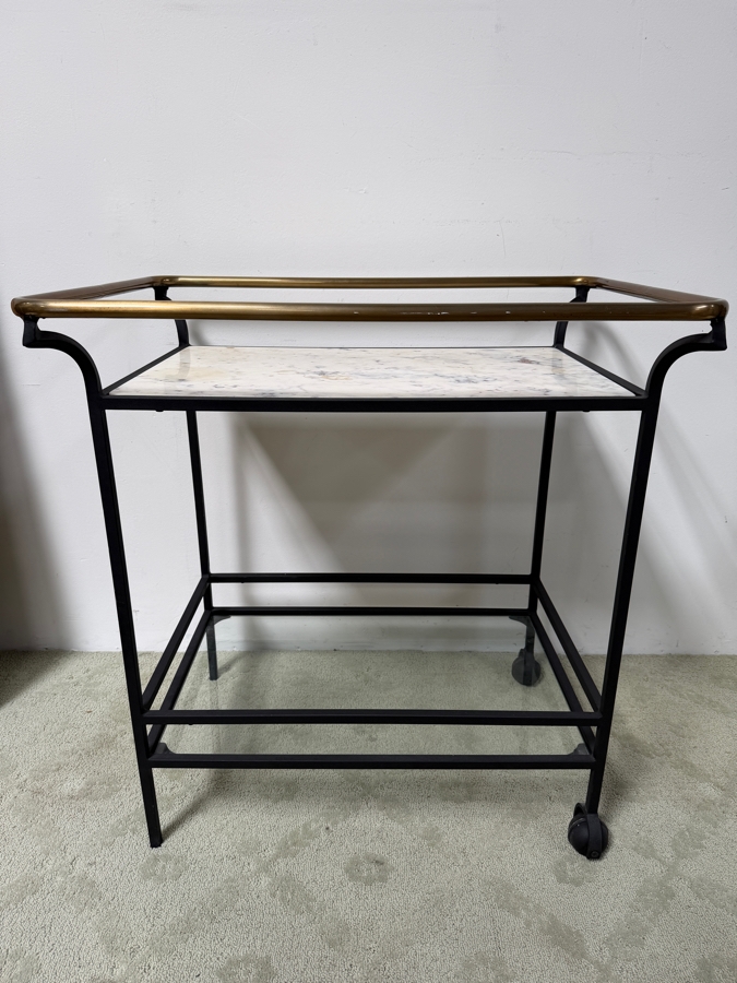 CB2 Cavalier Bar Cart With Interchangeable Banswara Marble And Glass Shelves, Brass Finished Stainless Rail And Black Finished Stainless Frame 22'W X 32'D x 32'H Retails $650 (HA) [Photo 2]