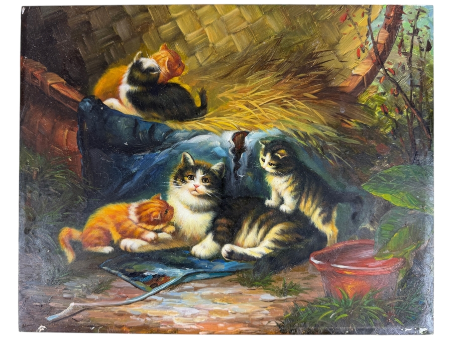 Just Added - Original Cats Painting On Board Artist Unknown 10 X 8