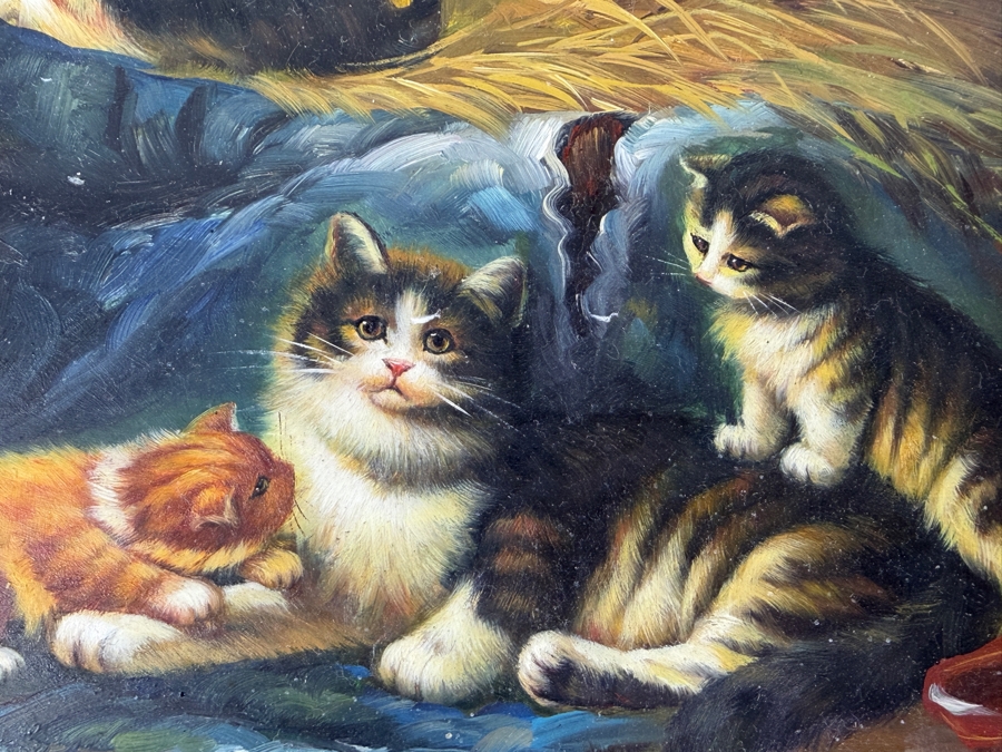 Just Added - Original Cats Painting On Board Artist Unknown 10 X 8 [Photo 3]