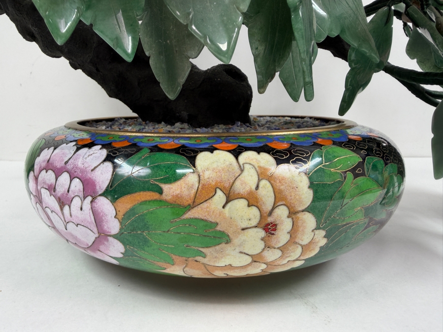 Stunning Chinese Flower Bonsai Tree With Various Semi-Precious Stones Such As Jade, Amethyst, Quartz And Carnelian In Hand Painted Cloisonne Planter 21'W X 14'H (RSF) [Photo 3]
