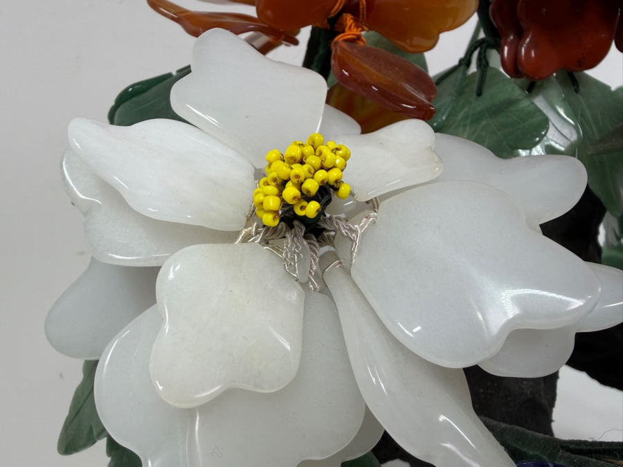 Stunning Chinese Flower Bonsai Tree With Various Semi-Precious Stones Such As Jade, Amethyst, Quartz And Carnelian In Hand Painted Cloisonne Planter 21'W X 14'H (RSF) [Photo 12]