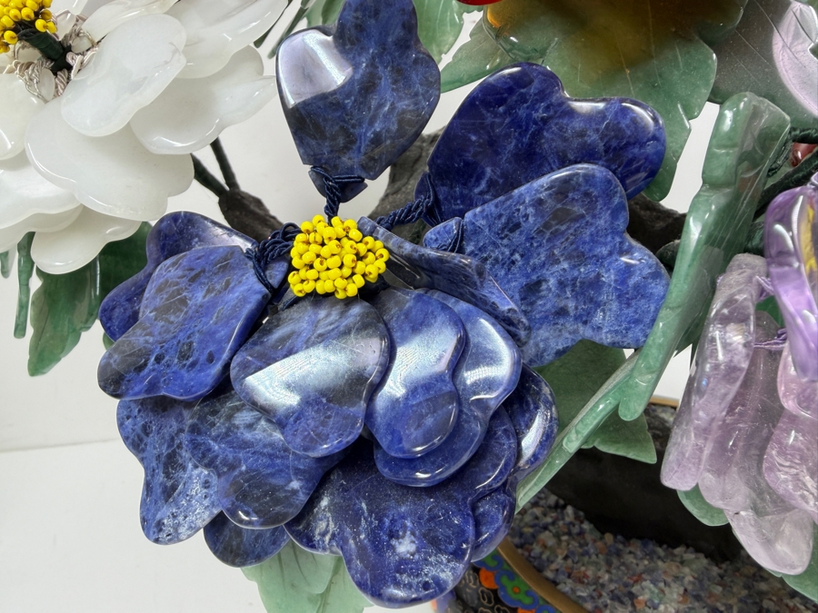 Stunning Chinese Flower Bonsai Tree With Various Semi-Precious Stones Such As Jade, Amethyst, Quartz And Carnelian In Hand Painted Cloisonne Planter 21'W X 14'H (RSF) [Photo 5]