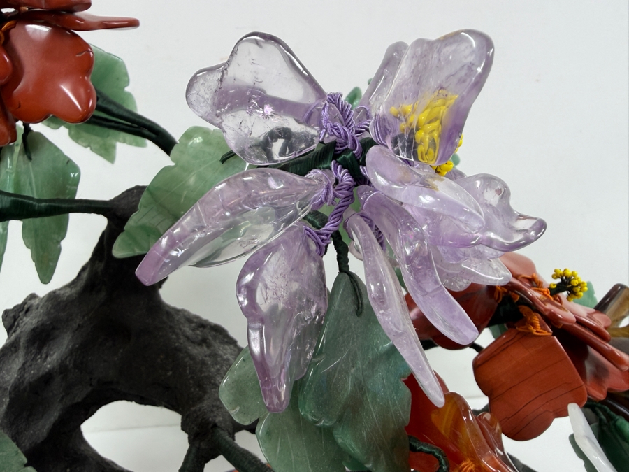 Stunning Chinese Flower Bonsai Tree With Various Semi-Precious Stones Such As Jade, Amethyst, Quartz And Carnelian In Hand Painted Cloisonne Planter 21'W X 14'H (RSF) [Photo 7]