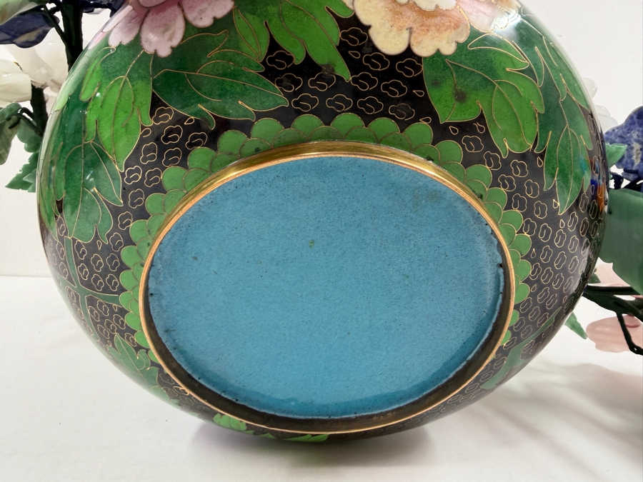 Stunning Chinese Flower Bonsai Tree With Various Semi-Precious Stones Such As Jade, Amethyst, Quartz And Carnelian In Hand Painted Cloisonne Planter 21'W X 14'H (RSF) [Photo 14]