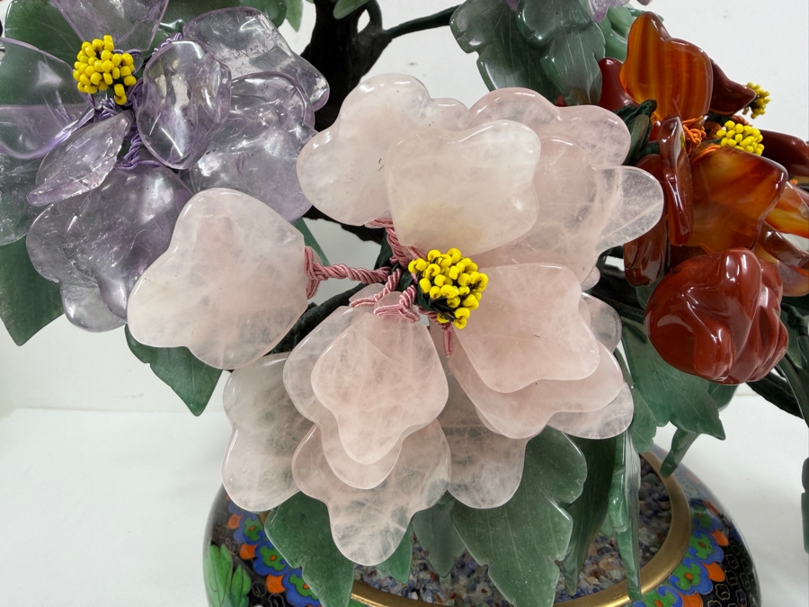 Stunning Chinese Flower Bonsai Tree With Various Semi-Precious Stones Such As Jade, Amethyst, Quartz And Carnelian In Hand Painted Cloisonne Planter 21'W X 14'H (RSF) [Photo 4]