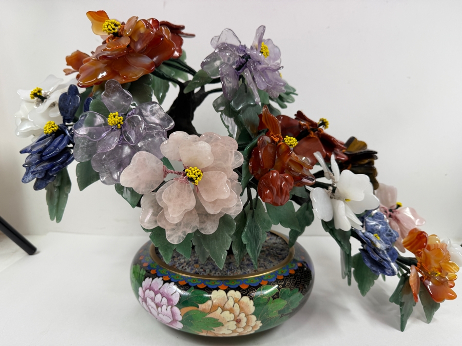 Stunning Chinese Flower Bonsai Tree With Various Semi-Precious Stones Such As Jade, Amethyst, Quartz And Carnelian In Hand Painted Cloisonne Planter 21'W X 14'H (RSF) [Photo 2]
