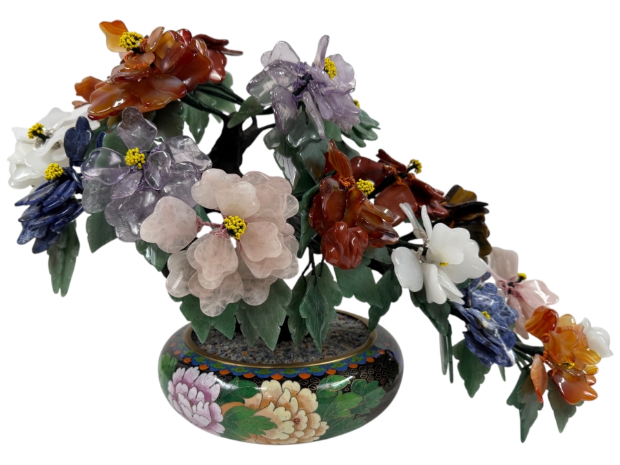 Stunning Chinese Flower Bonsai Tree With Various Semi-Precious Stones Such As Jade, Amethyst, Quartz And Carnelian In Hand Painted Cloisonne Planter 21'W X 14'H (RSF)