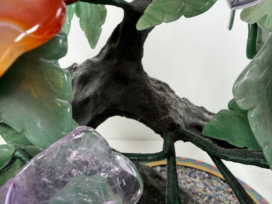 Stunning Chinese Flower Bonsai Tree With Various Semi-Precious Stones Such As Jade, Amethyst, Quartz And Carnelian In Hand Painted Cloisonne Planter 21'W X 14'H (RSF) [Photo 9]