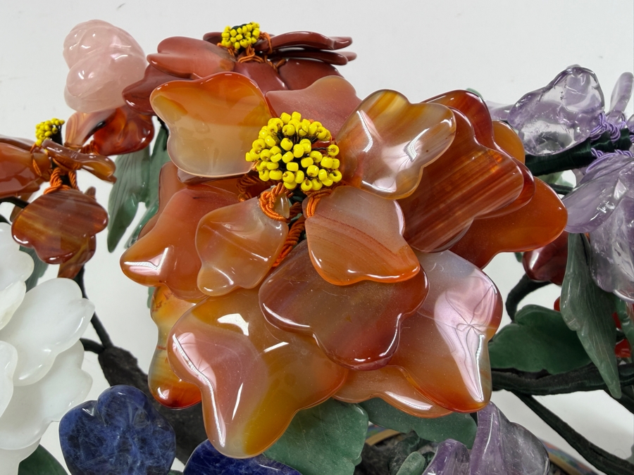 Stunning Chinese Flower Bonsai Tree With Various Semi-Precious Stones Such As Jade, Amethyst, Quartz And Carnelian In Hand Painted Cloisonne Planter 21'W X 14'H (RSF) [Photo 6]