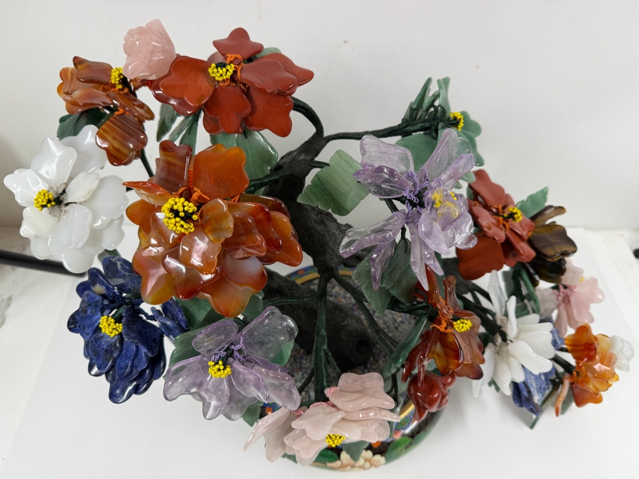 Stunning Chinese Flower Bonsai Tree With Various Semi-Precious Stones Such As Jade, Amethyst, Quartz And Carnelian In Hand Painted Cloisonne Planter 21'W X 14'H (RSF) [Photo 10]