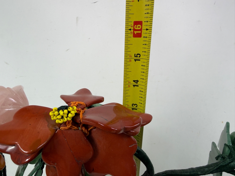 Stunning Chinese Flower Bonsai Tree With Various Semi-Precious Stones Such As Jade, Amethyst, Quartz And Carnelian In Hand Painted Cloisonne Planter 21'W X 14'H (RSF) [Photo 13]