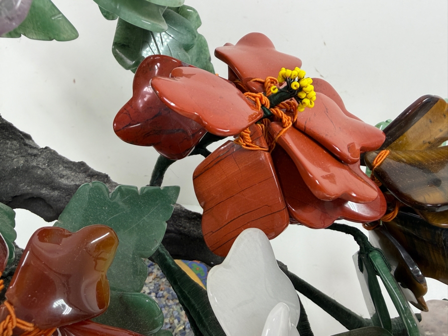 Stunning Chinese Flower Bonsai Tree With Various Semi-Precious Stones Such As Jade, Amethyst, Quartz And Carnelian In Hand Painted Cloisonne Planter 21'W X 14'H (RSF) [Photo 8]