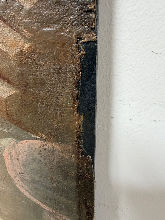 Antique Spanish Colonial Oil On Canvas Mounted On Board Painting Of The Immaculate Conception Showing The Virgin Mary Surrounded By Angels 32.5 X 48 In Gilt Wooden Frame 40 X 62 (RSF) [Photo 13]