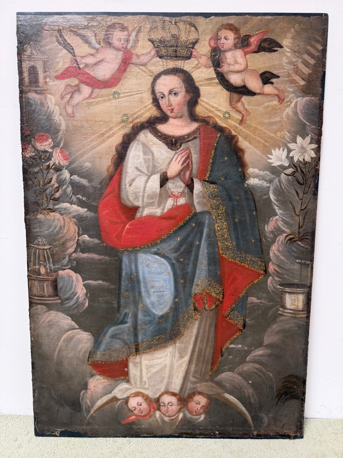 Antique Spanish Colonial Oil On Canvas Mounted On Board Painting Of The Immaculate Conception Showing The Virgin Mary Surrounded By Angels 32.5 X 48 In Gilt Wooden Frame 40 X 62 (RSF) [Photo 11]