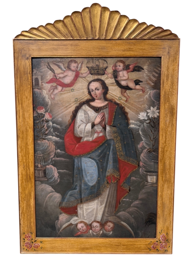 Antique Spanish Colonial Oil On Canvas Mounted On Board Painting Of The Immaculate Conception Showing The Virgin Mary Surrounded By Angels 32.5 X 48 In Gilt Wooden Frame 40 X 62 (RSF)